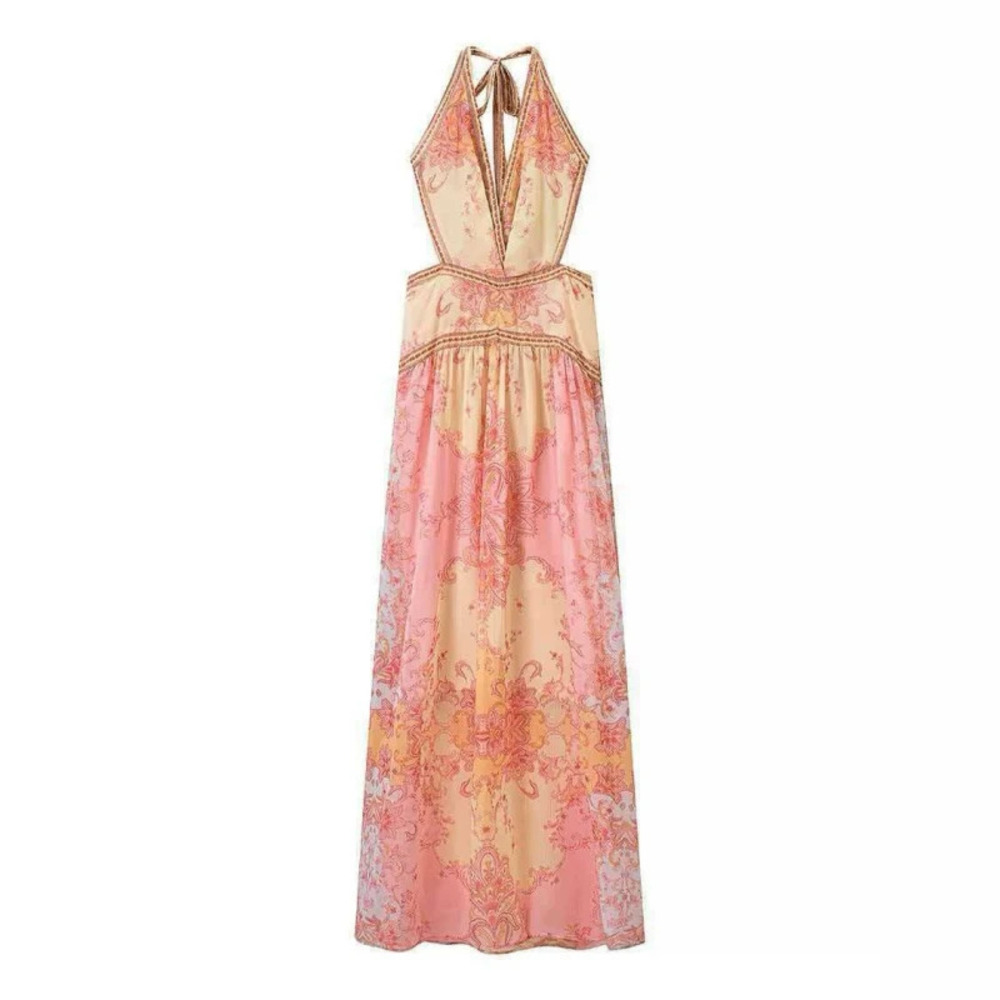 ZARA Summer Stylish Halter Neck Print Backless Cutout Waist Dress
